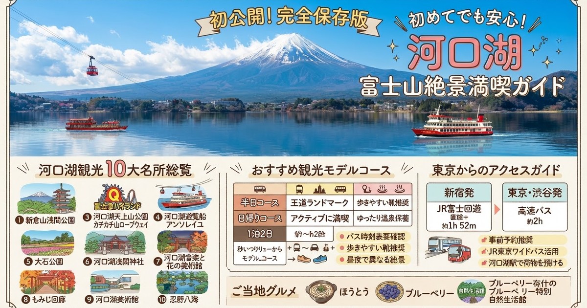 【2026最新】河口湖観光の定番スポット10選!日帰りモデルコース・アクセス・グルメ完全ガイド