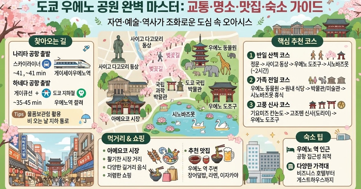 도쿄 우에노 공원 완벽 마스터 (2026): 교통 동선·명소·아메요코 맛집·숙소 가이드
