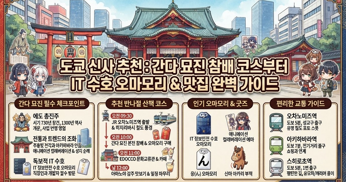 2026 도쿄 신사 추천: 간다 묘진 참배 코스부터 아키하바라 가볼만한 곳, IT 수호 오마모리 & 맛집 완벽 가이드