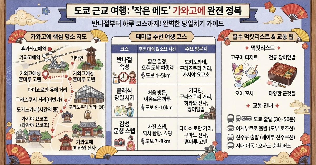 【2026 가와고에 여행】 도쿄 근교 당일치기 10대 명소·교통·장어덮밥 맛집 완벽 가이드