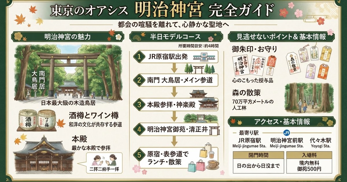 【2026最新】明治神宮完全ガイド：アクセス・参拝方法からお守り・御朱印、原宿グルメ、周辺の新宿ホテルまで網羅