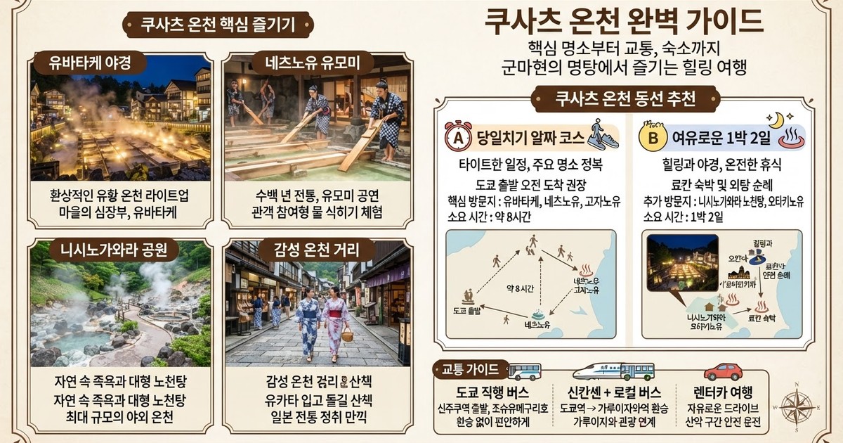 【2026 쿠사츠 온천】 가볼만한 곳 10선, 추천 맛집, 료칸 및 도쿄 출발 교통 완벽 가이드