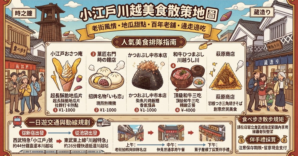 【2026川越美食攻略】10大老街必吃排隊名店推薦！地瓜甜點、炭火烤飯糰、在地百年老舖、伴手禮名產