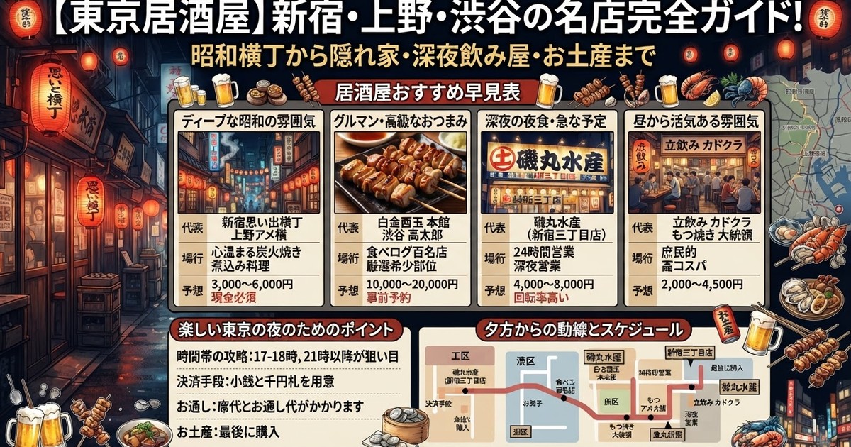 【2026東京居酒屋】新宿・上野・渋谷の名店完全ガイド！昭和横丁から隠れ家・深夜飲み屋・お土産＆ホテルまで