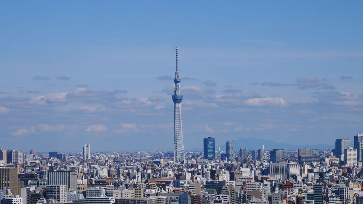 A stunning aerial view of Tokyo's skyline featuring the iconic Tokyo Skytree under a clear blue sky.