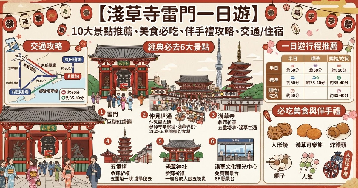 【2026淺草一日遊】15大淺草景點推薦、美食必吃與伴手禮買法！淺草寺/雷門仲見世通/交通/住宿攻略