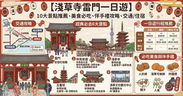【2026淺草一日遊】15大淺草景點推薦、美食必吃與伴手禮買法！淺草寺/雷門仲見世通/交通/住宿攻略