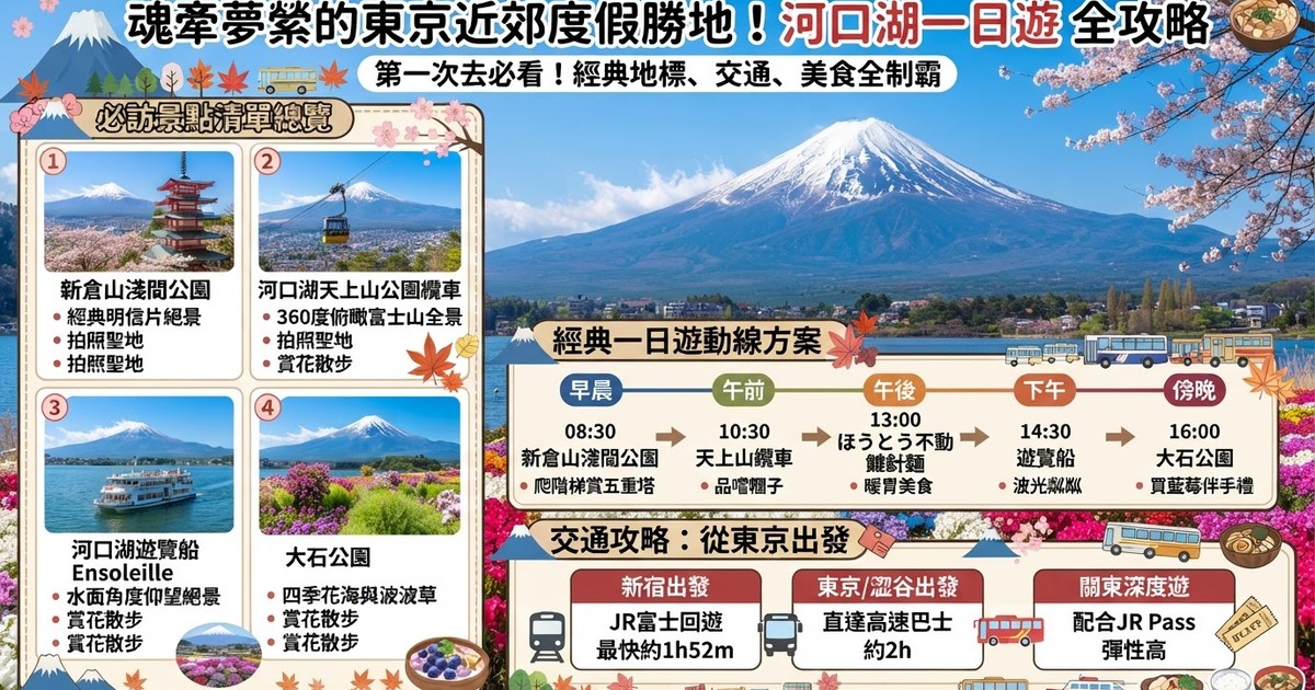 【2026河口湖景點】10大一日遊必去打卡秘境推薦!富士山、交通、美食伴手禮、行程懶人包