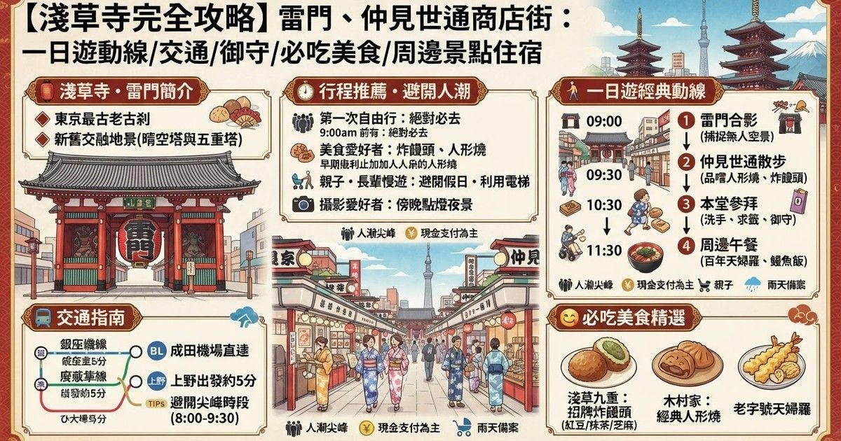 【2026淺草寺完全攻略】雷門、仲見世通商店街：一日遊動線/交通/御守/必吃美食/周邊景點住宿