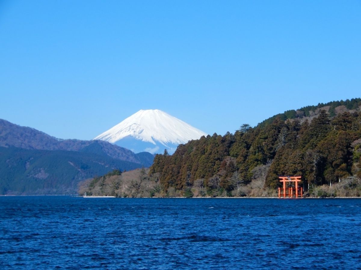 Lake Ashi, Mt. Fuji, and Hakone Shrine's red torii gate