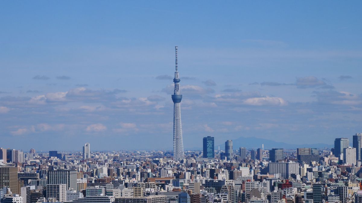 A stunning aerial view of Tokyo's skyline featuring the iconic Tokyo Skytree under a clear blue sky.