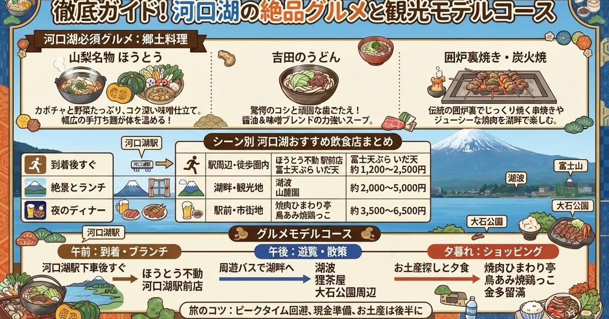 【2026最新】河口湖グルメ・ランチ完全ガイド10選!ほうとう、吉田のうどんから絶景レストラン・モデルコース・お土産・温泉宿まで網羅