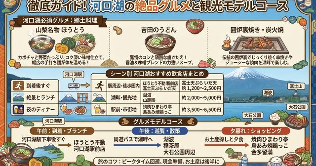 【2026最新】河口湖グルメ・ランチ完全ガイド10選！ほうとう、吉田のうどんから絶景レストラン・モデルコース・お土産・温泉宿まで網羅