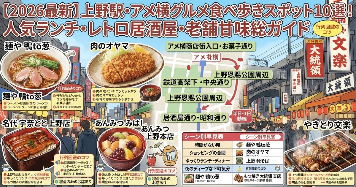 【2026最新】上野駅・アメ横グルメ食べ歩きスポット10選！人気ランチ・レトロ居酒屋・老舗甘味総ガイド