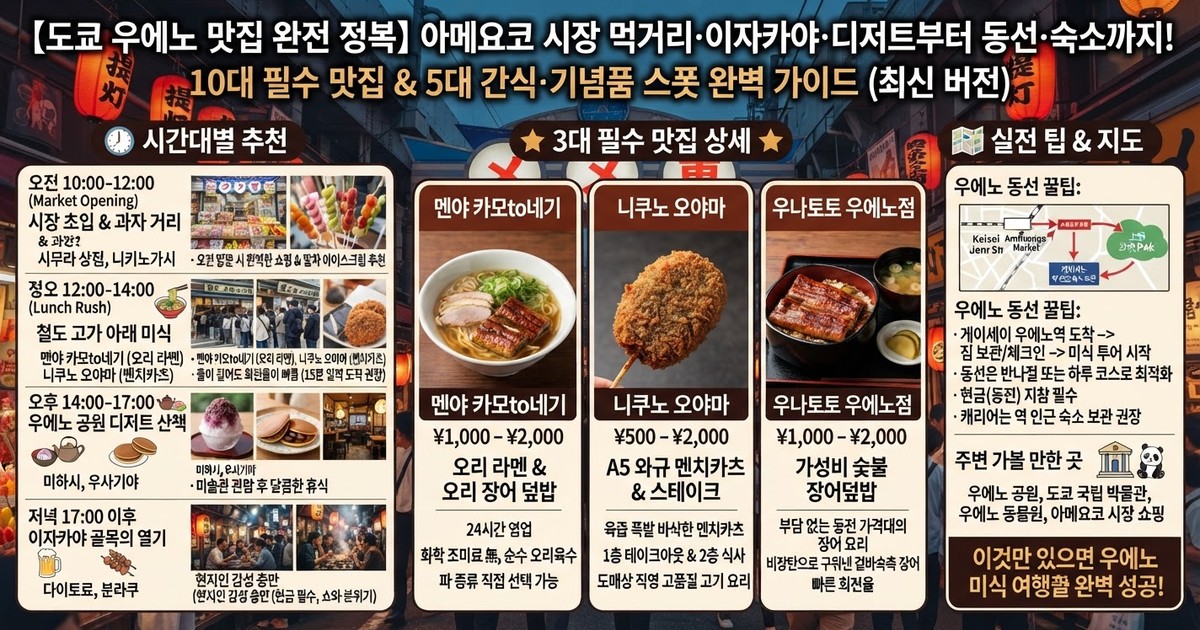 【2026 도쿄 우에노 맛집 추천】 아메요코 시장 먹거리·이자카야·디저트부터 동선·숙소까지 완벽 정리