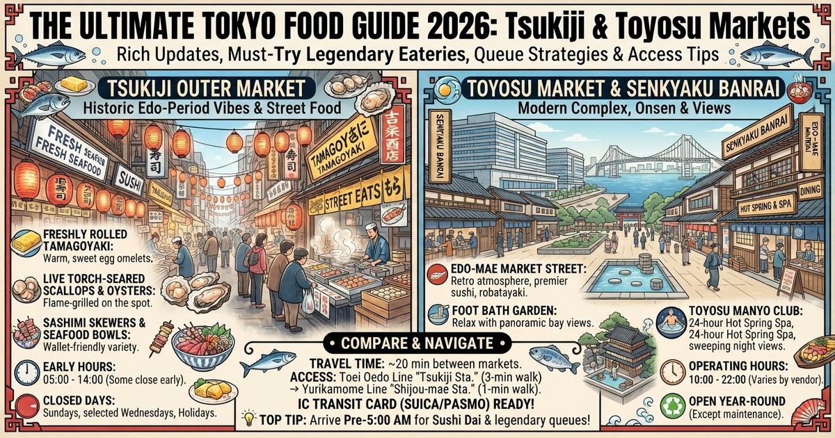 The Ultimate Tokyo Food Guide 2026: Tsukiji & Toyosu Markets, Best Seafood Don, Sushi Dai & Access Tips