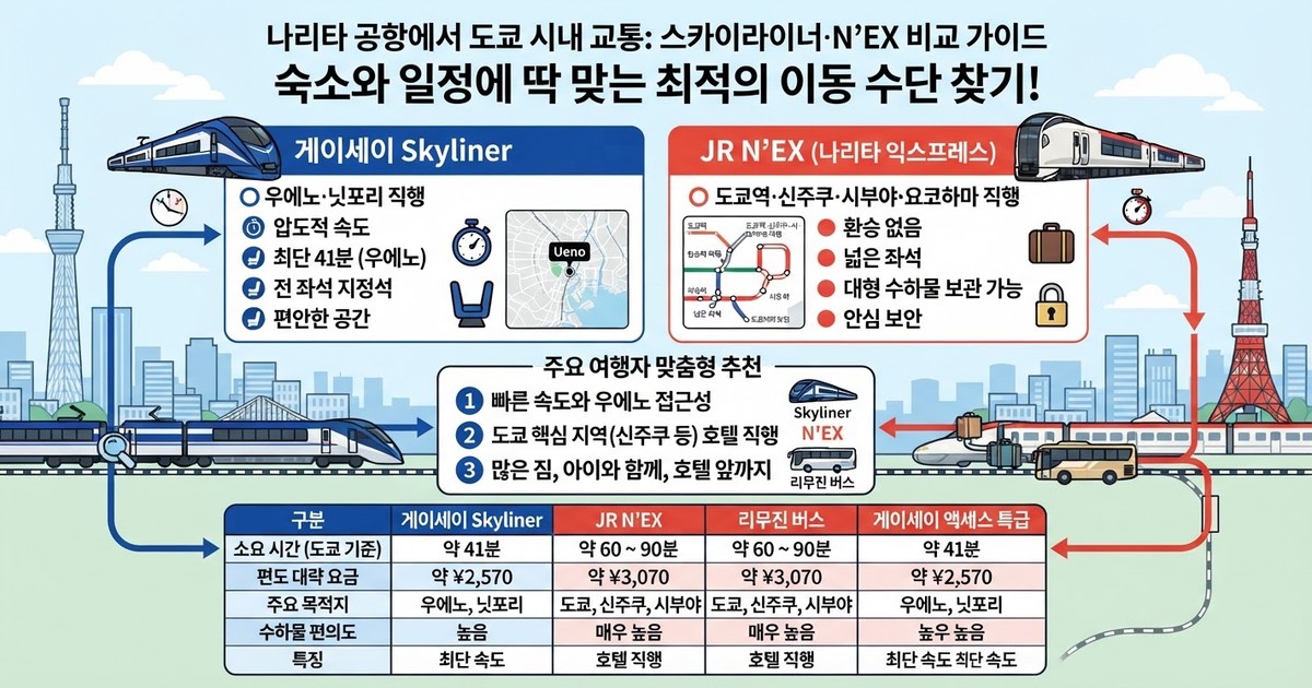 2026 나리타 공항 에서 도쿄 시내 교통: 스카이라이너·N'EX 비교 가이드