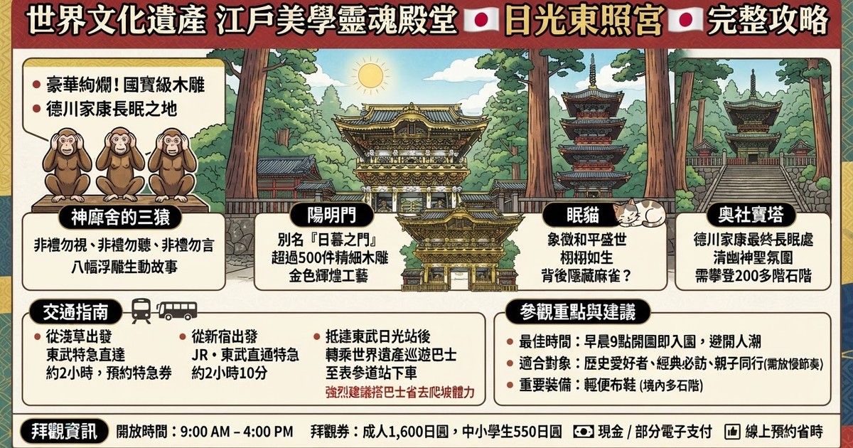 【2026日光東照宮】參拜攻略:陽明門、傳說眠貓、三猿木雕細節、門票交通、周邊美食總整理