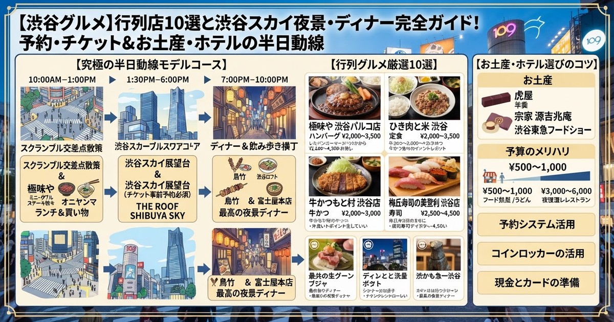 【2026渋谷グルメ】行列店10選と渋谷スカイ夜景・ディナー完全ガイド!予約・チケット&お土産・ホテルの半日動線