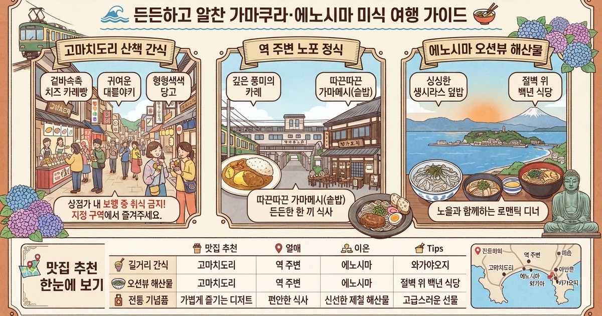 【2026 가마쿠라 맛집 총정리】 고마치도리 길거리 음식·에노시마 시라스덮밥·오션뷰 레스토랑 베스트