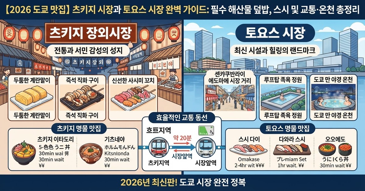 【2026 도쿄 맛집】 츠키지 시장과 토요스 시장 완벽 가이드: 필수 해산물 덮밥, 스시 및 교통·온천 총정리