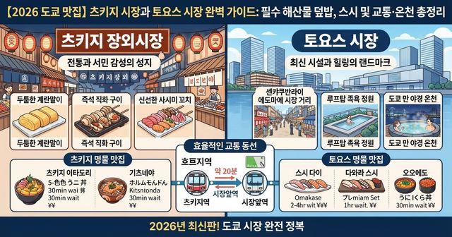 【2026 도쿄 맛집】 츠키지 시장과 토요스 시장 완벽 가이드: 필수 해산물 덮밥, 스시 및 교통·온천 총정리
