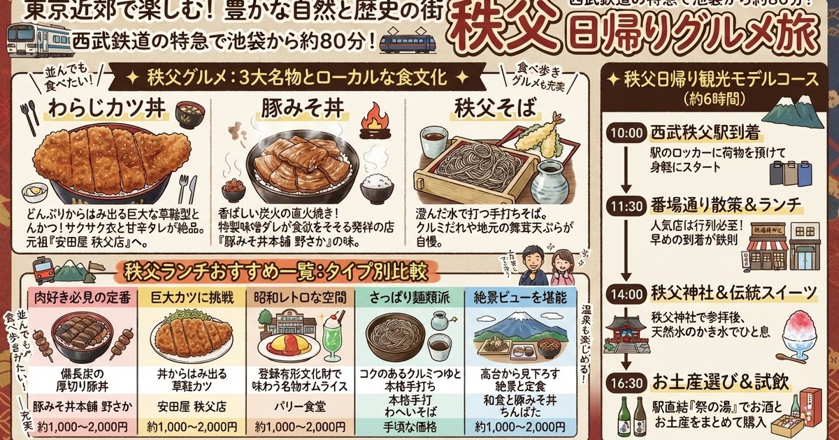 【2026秩父グルメ】おすすめランチ10選!名物わらじカツ丼から豚みそ丼・手打ちそば・老舗ローカル食堂まで完全網羅