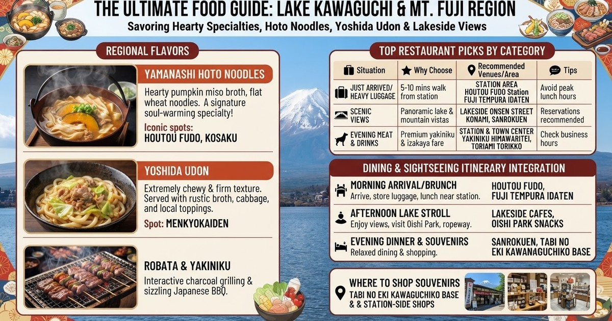 Lake Kawaguchi Food Guide 2026: 10 Must-Try Restaurants, Hoto Noodles & Souvenirs