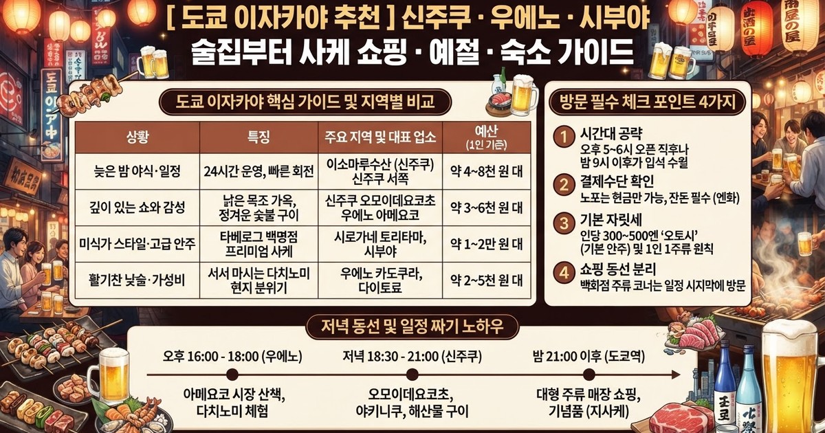 [2026 도쿄 이자카야 추천] 신주쿠·우에노·시부야 술집부터 사케 쇼핑·예절·숙소 가이드