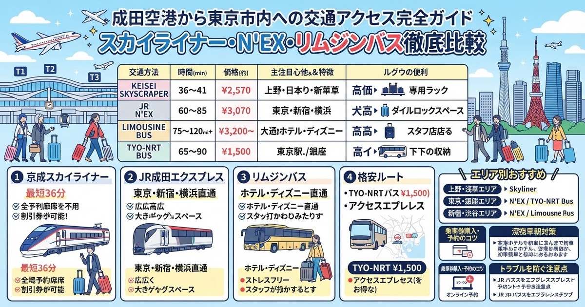 【2026最新】成田空港から東京市内への交通アクセス完全ガイド:スカイライナー・N'EX・リムジンバス徹底比較