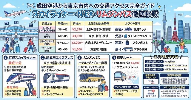 【2026最新】成田空港から東京市内への交通アクセス完全ガイド：スカイライナー・N'EX・リムジンバス徹底比較