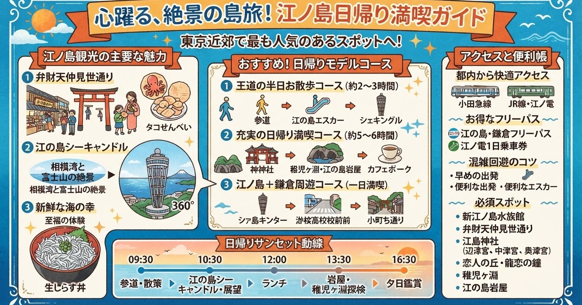 【2026江ノ島観光】日帰りで行く絶対外せない見どころ10選!絶景シーキャンドル・グルメ&効率的な回り方