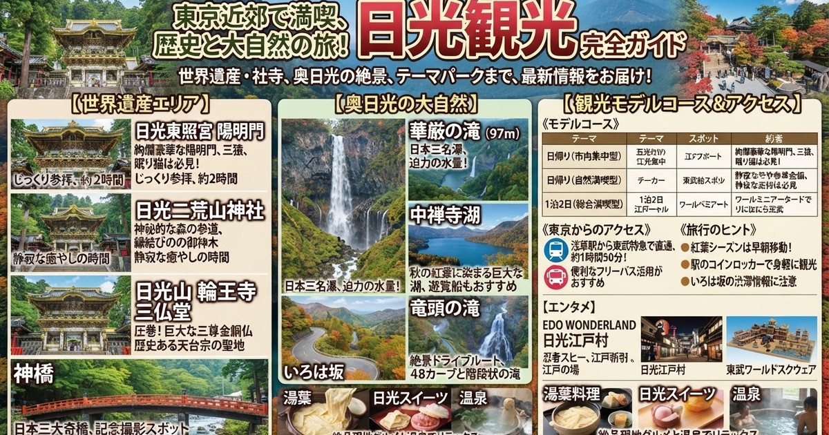 【2026保存版】日光観光スポット11選！東照宮・中禅寺湖の見所と日帰りモデルコース、グルメ・お土産・温泉宿総まとめ