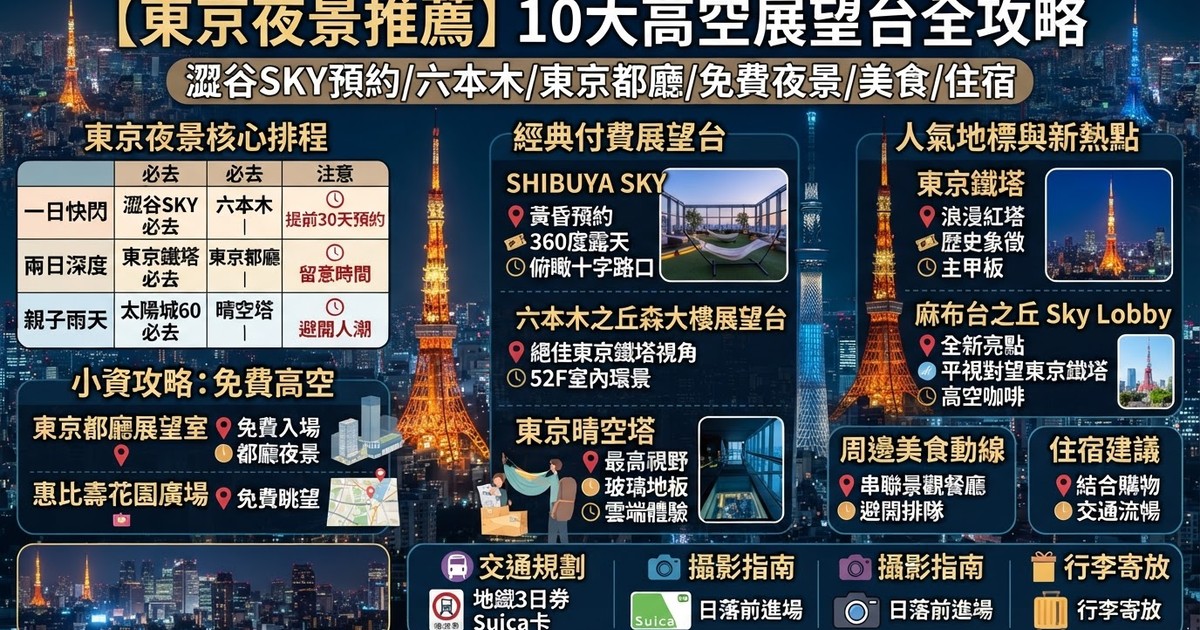 【2026東京夜景推薦】10大高空展望台全攻略：六本木展望台/東京都廳/免費夜景/澀谷SKY預約/美食/住宿動線