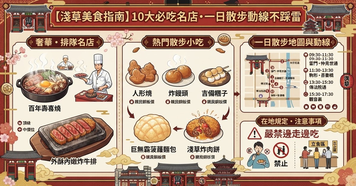 【2026淺草美食指南】10大必吃淺草壽喜燒、炸牛排與雷門小吃PTT/Dcard推薦！一日散步動線不踩雷