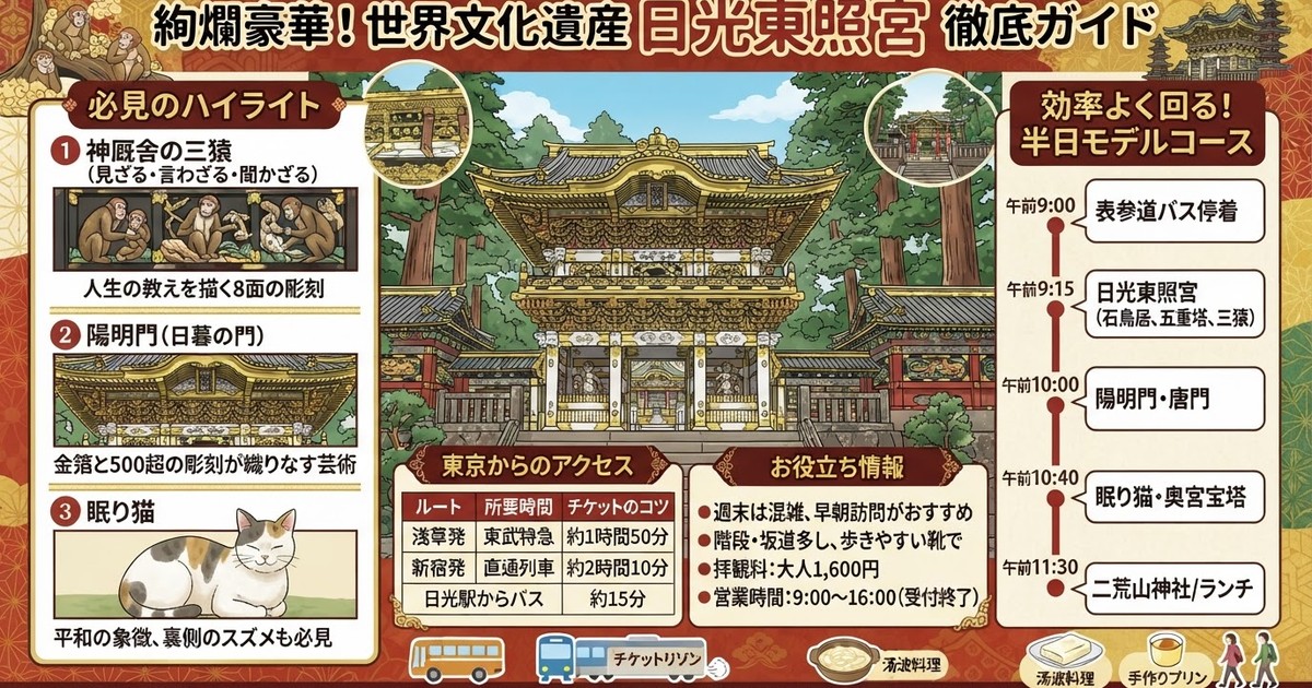 【2026日光東照宮完全ガイド】アクセス・拝観料から陽明門・三猿の7大見どころ、半日モデルコース総まとめ