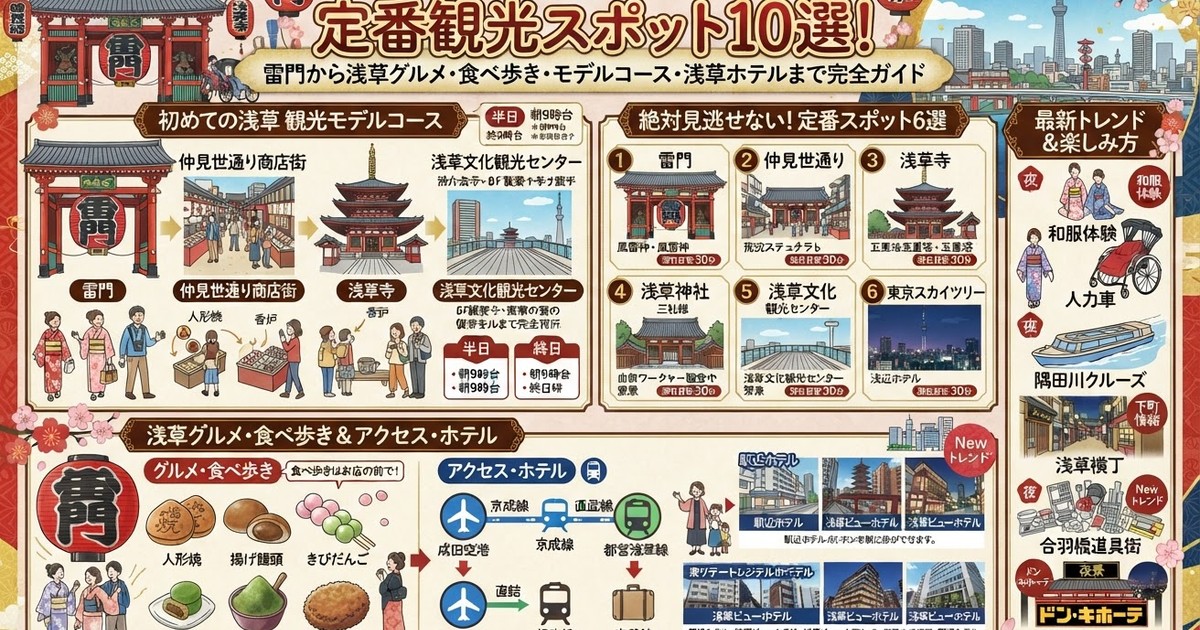 【2026浅草観光】定番観光スポット15選！雷門から浅草グルメ・食べ歩き・モデルコース・浅草ホテルまで完全ガイド