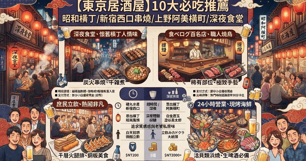 【2026東京居酒屋】10大必吃推薦：昭和橫丁/新宿西口串燒/上野阿美橫町/深夜食堂