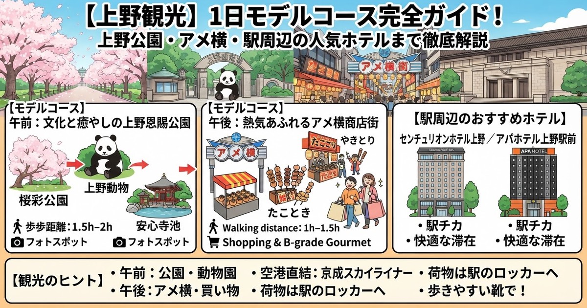 【2026上野観光】1日モデルコース完全ガイド!上野公園・アメ横の定番スポット&駅周辺の人気ホテル(センチュリオン ホテル 上野 / アパホテル 上野)まで徹底解説