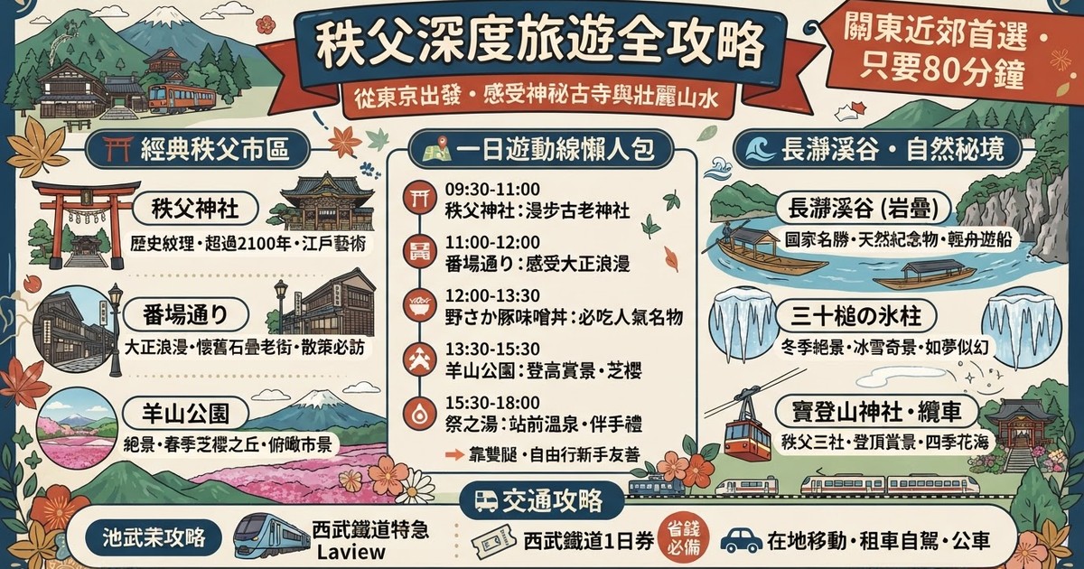 【2026秩父景點推薦】10個必訪秩父一日遊、長瀞美景！三峯神社、羊山公園芝櫻、寶登山纜車