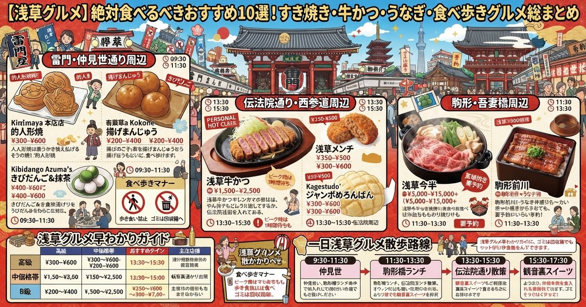 【2026浅草グルメ】絶対食べるべきおすすめ10選!すき焼き・牛かつ・うなぎ・食べ歩きグルメ総まとめ